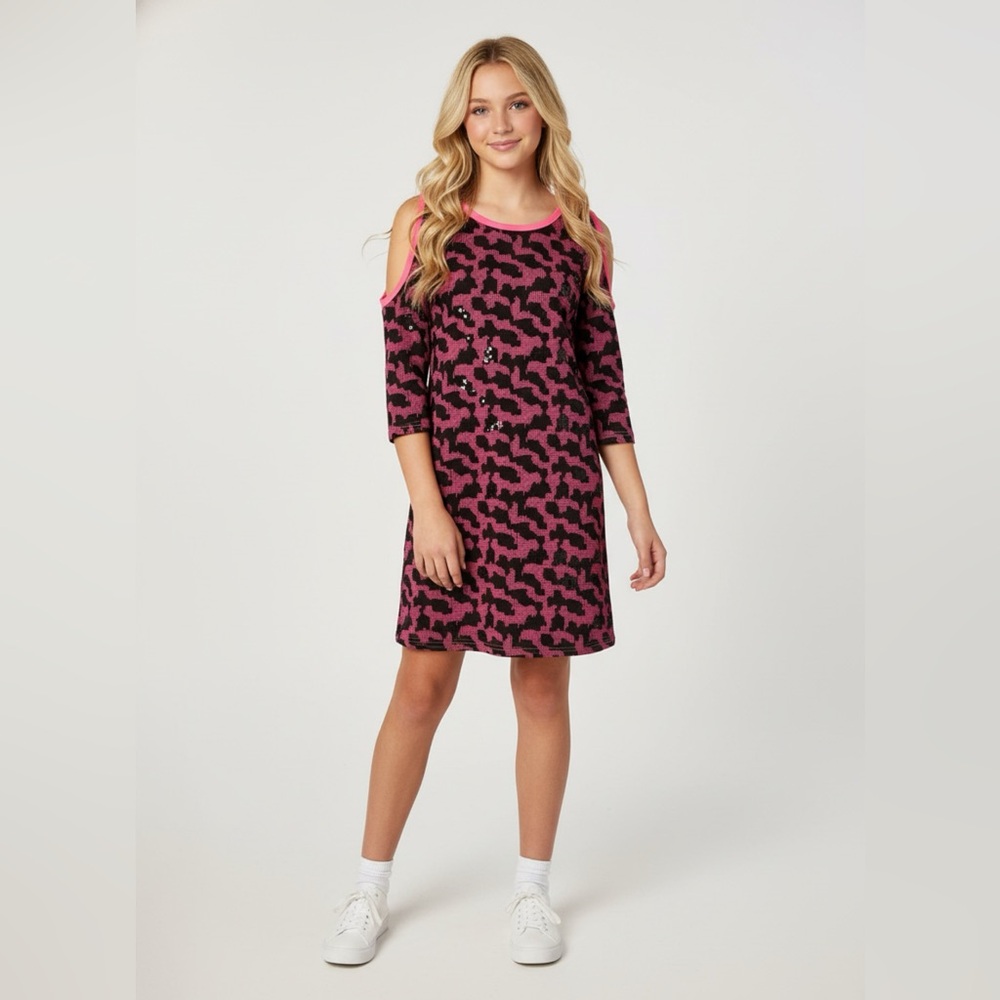 Haven Girl sz 14 Pink & Black Long Sleeves Dress Open Shoulder Sequins NWT